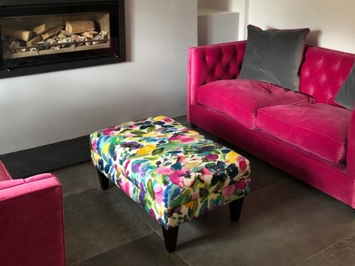 Alwinton Small Footstool In BlueBellGray Petite Mode & Haresfield 2.5 seater sofa In Linwood Omega Velvet 25 Pink